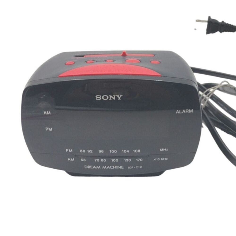 Black Red Sony Dream Machine Clock Radio Model ICF-C111 Alarm Music AM FM Tested